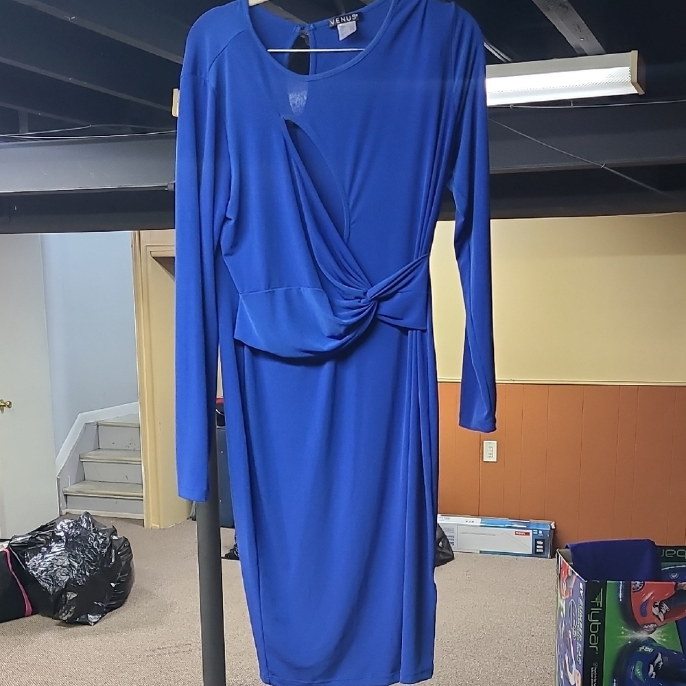 VENUS Blue Ruched Asymmetrical Long Sleeve Dress